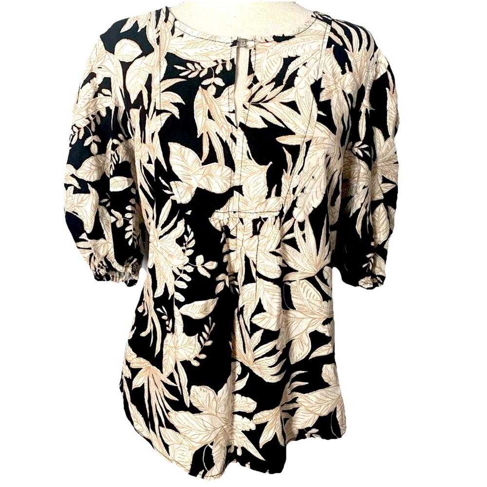 Nicole Miller Linen Blend Tropical Floral Print Blouse S Rayon Top